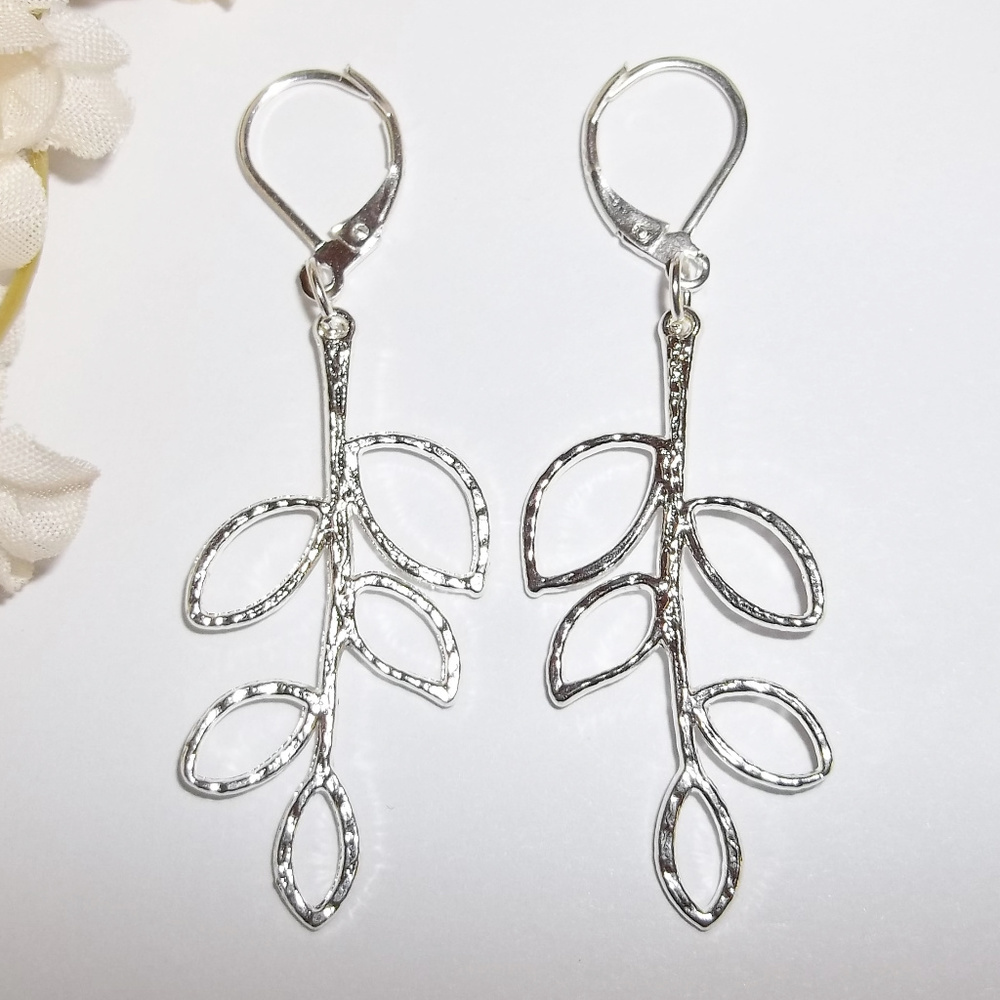 Silver Statement Earrings Leaf Branch Jewelry 2357 - Picture 4 of 4